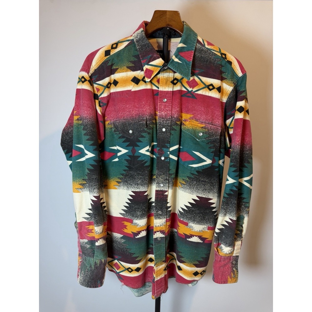 VTG 90s WRANGLER BRUSHPOPPER SOUTH WESTERN SHIRT XL X LONG TAILS AZTEC SOUTHWEST
